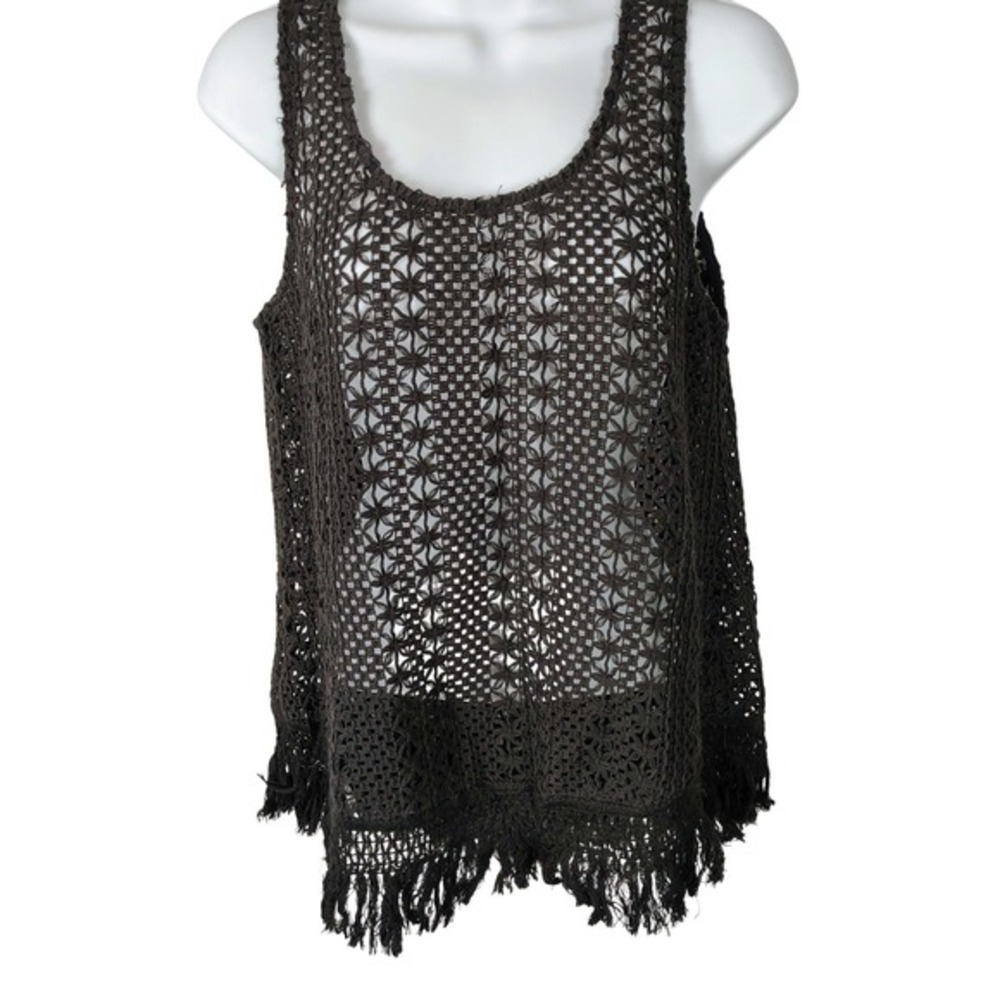 Ya Los Angeles Black Crochet Fringe Tank Top Medium Boho Festival Knit Romantic